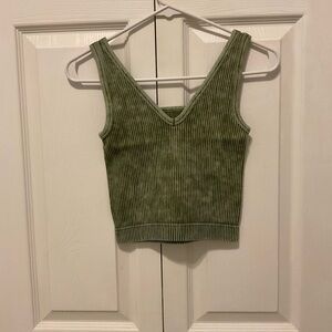 Ribbed V-Neck Crop Tank Top - Olive Green